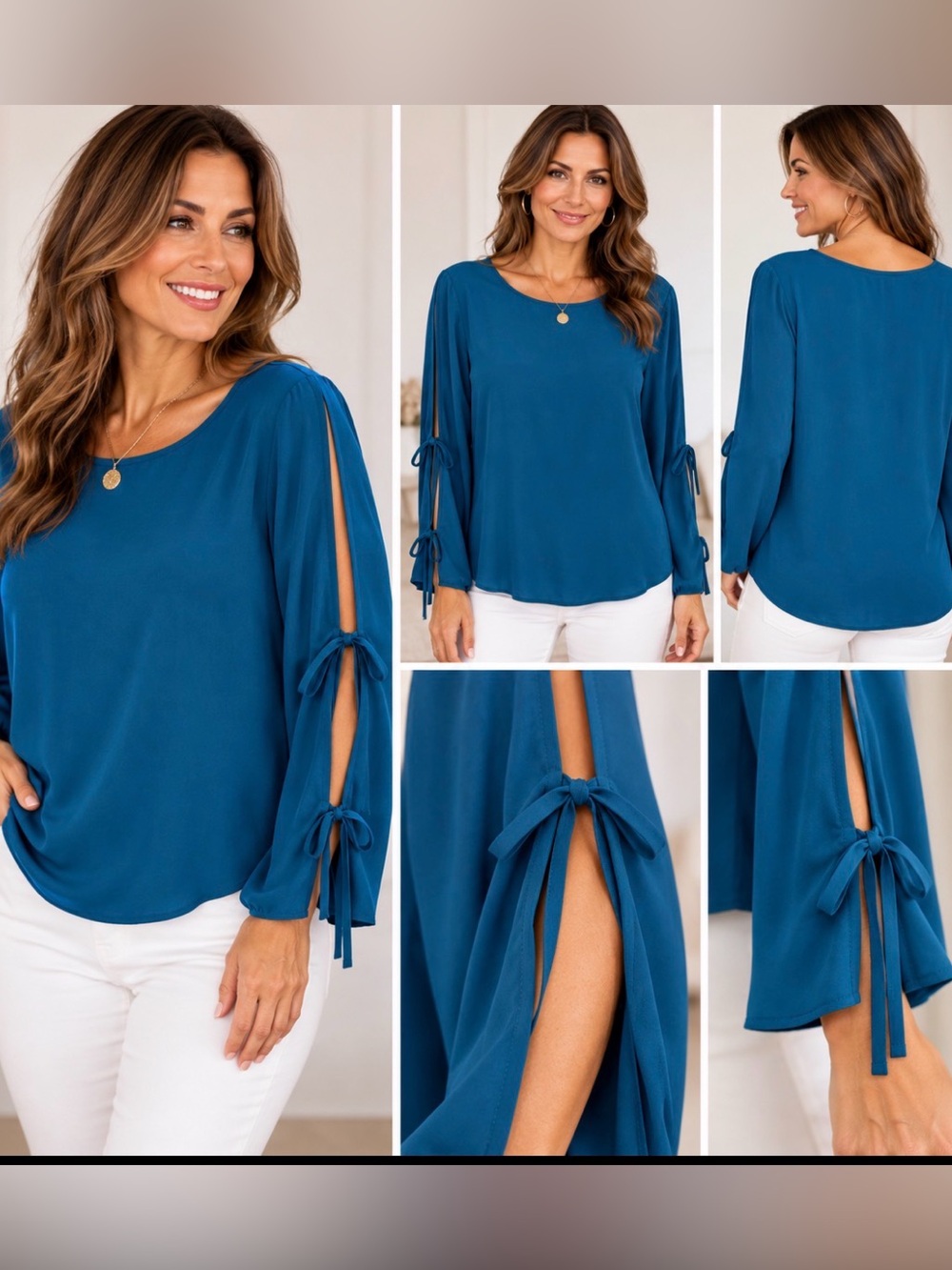 Women’s Teal Tie-Slit Sleeve Blouse